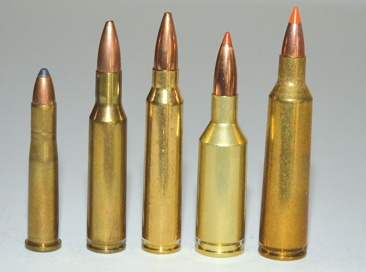 From left, popular .22-caliber varmint rounds include the 22 Hornet, 222 Remington, 223 Remington, 22 BenchRest (BR) and the 22-250 Remington.